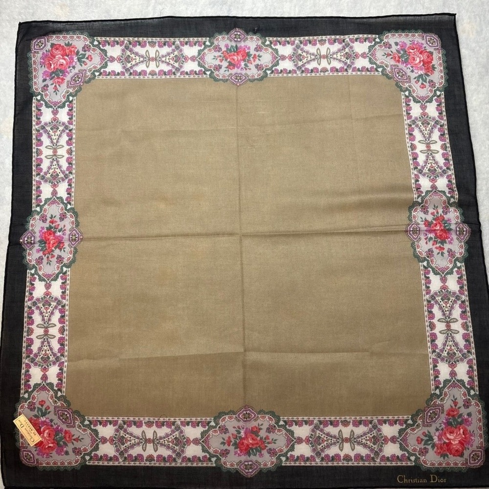 CHRISTIAN DIOR Scarf Handkerchief Floral Rose Cotton Tan Black 19x19